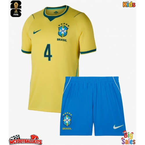 Brazil Marquinhos #4 Replica Home Stadium Kit for Kids World Cup 2026 Short Sleeve (+ pants)